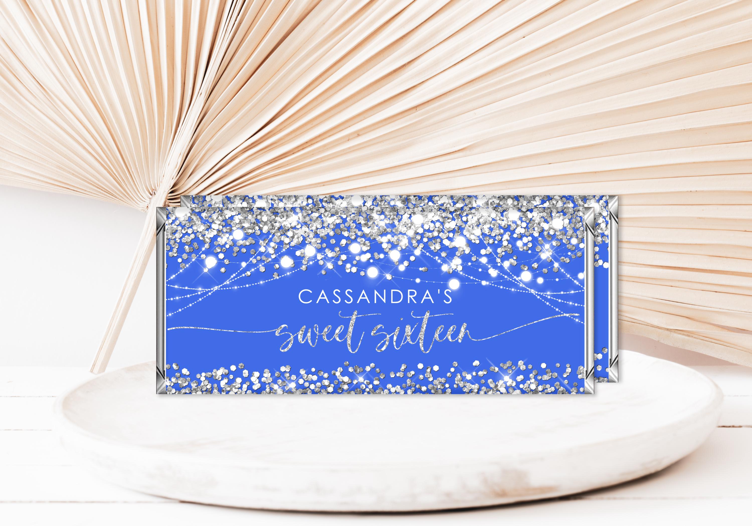 Editable Royal Blue Silver Candy Bar Wrapper Label, Sweet 16 Silver ...