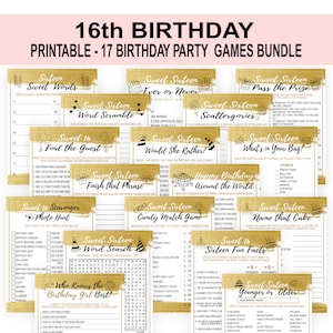 16歳の誕生日パーティーゲーム、ゴールドスイート16歳の誕生日ゲーム、ティーン向け誕生日パーティーゲーム、楽しい誕生日ゲーム、ゴールド、印刷可能なダウンロード
