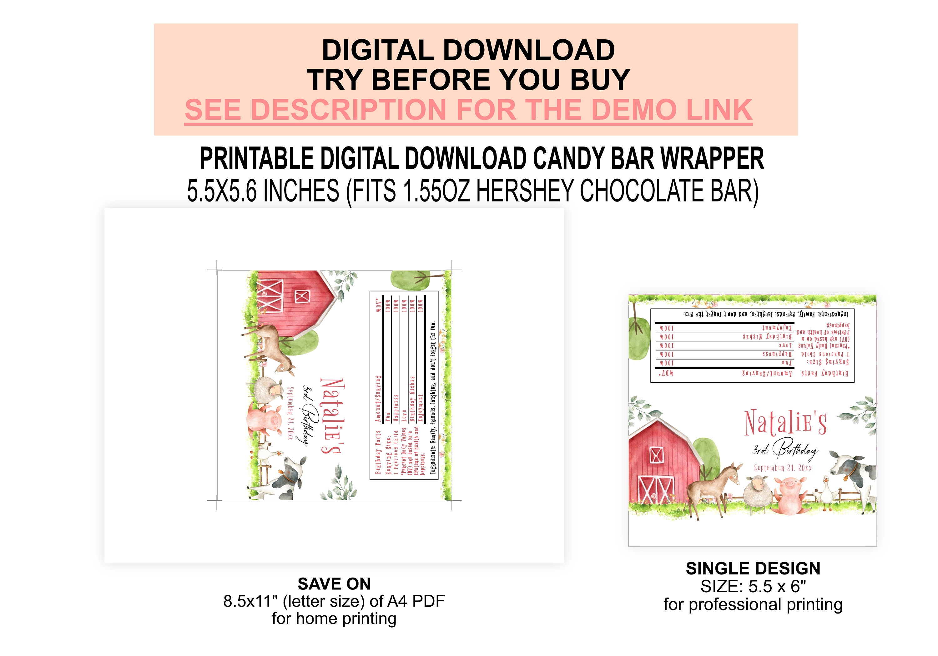 Editable Farm Animals Birthday Candy Bar Wrapper Birthday - Etsy