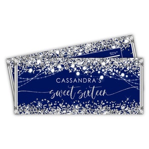 Edytowalna niebiesko-srebrna etykieta na batonik cukierkowy Sweet Sixteen Silver Glitter Favor Birthday Party opakowanie na batonik czekoladowy Digital PRINTABLE Corjl