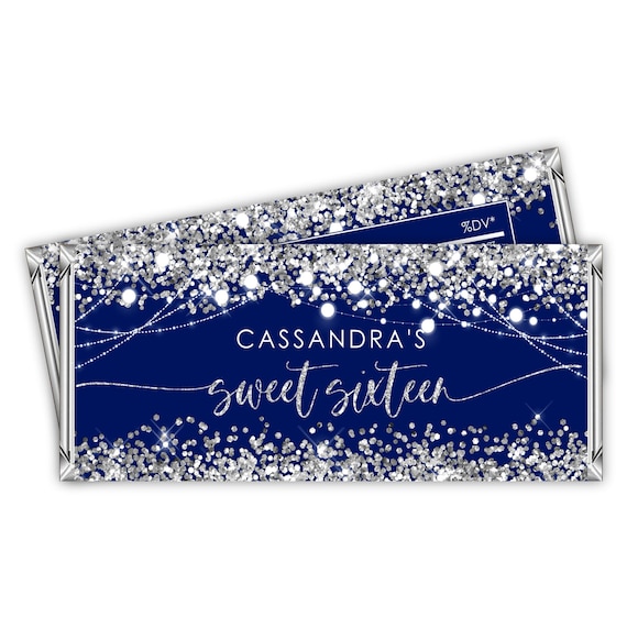 Editable Blue Silver Candy Bar Wrapper Label Sweet Sixteen Silver Glitter Favor Birthday Party Chocolate Bar Wrapper Digital PRINTABLE Corjl