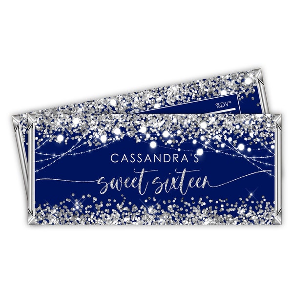 Editable Blue Silver Candy Bar Wrapper Label Sweet Sixteen Silver Glitter Favor Birthday Party Chocolate Bar Wrapper Digital PRINTABLE Corjl