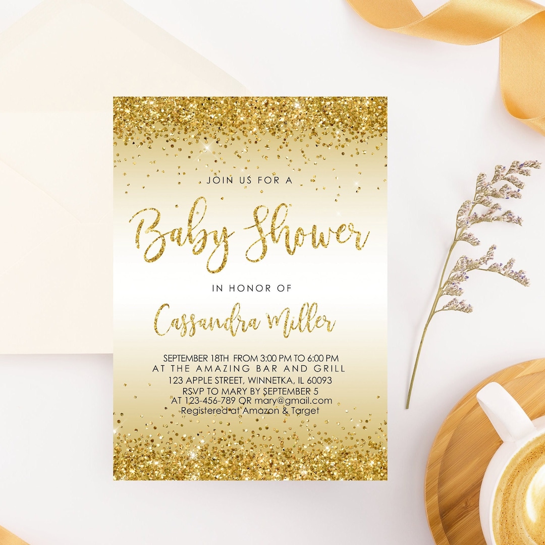 Editable Gold Glitter Baby Shower Invitation White Glitter Gold