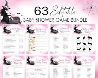 Puede incluir: Un paquete de 63 juegos editables para baby shower con un diseño de brujas en rosa y negro. La colección incluye varias hojas de actividades impresas como Old Wives Tale, Baby Emoji Pictionary, Animal Gestation y Who's My Baby.