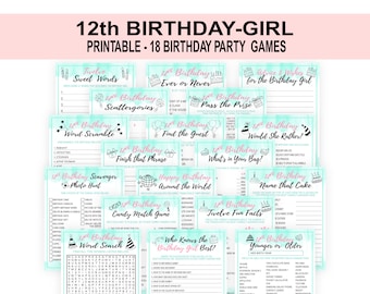 May include: A set of 18 printable party games for a 12th birthday. The games are on a turquoise background with pink accents and feature a variety of themes, including "Ever or Never", "Scattergories", "Word Scramble", "Find the Guest", "Would She Rather", "What's in Your Bag", "Name that Cake", "Twelve Fun Facts", "Who Knows the Birthday Girl Best", and "Younger or Older".