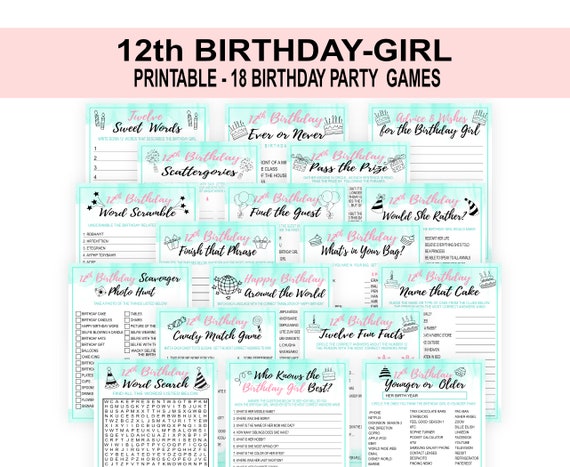 12th Birthday Party Games for Girls, Twelve Birthday Game , Birthday Party  Games, Fun Birthday Games, Birthday Bundle Games, PRINTABLE, Mint 