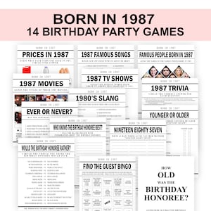 Puede incluir: Un conjunto de 14 juegos de fiesta imprimibles para una fiesta de cumpleaños número 35. Los juegos tienen el tema del año 1987 e incluyen temas como precios, canciones famosas, películas, programas de televisión, trivia y jerga. Los juegos están diseñados para ser jugados por los invitados en una fiesta de cumpleaños.