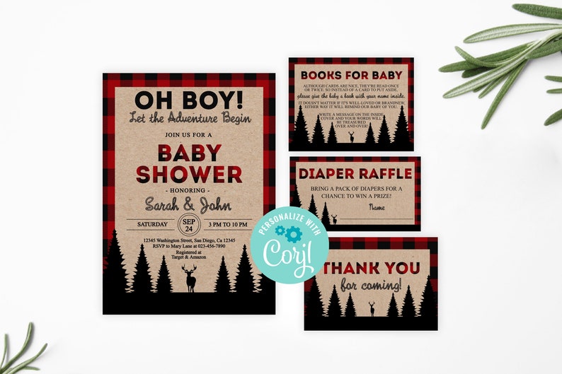 Editable Lumberjack Baby Shower Invitation Set PRINTABLE Plaid Etsy