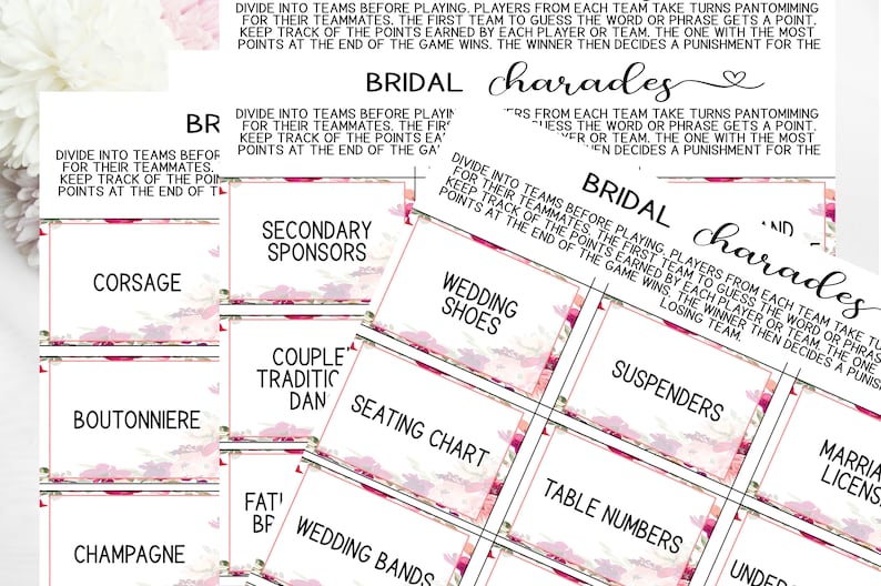 Bridal Shower Charades Wedding Charades Bridal Pink Purple Burgundy ...