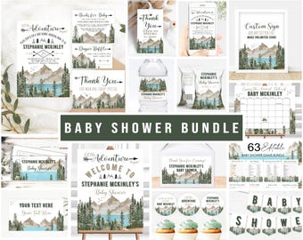 Puede incluir: Un conjunto de papelería para baby shower con temática de montañas y lagos. Incluye invitaciones, etiquetas de agradecimiento, etiquetas para botellas, bolsas de patatas, un cartel de bienvenida, un calendario, juegos y una guirnalda.