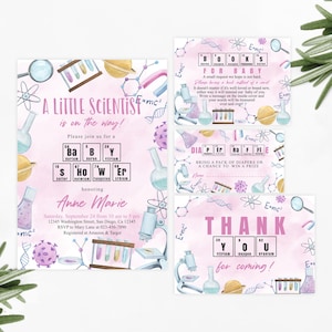 Conjunto de modelos de convites para chá de bebê editáveis Science Little Scientist Party Diaper Raffle Cartão de agradecimento Livro para bebê Pink Girl Corjl