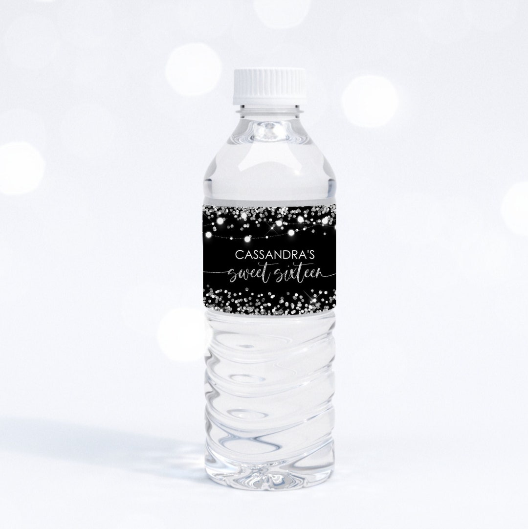 Editable Silver Black Water Bottle Label Birthday Water Bottle Label ...