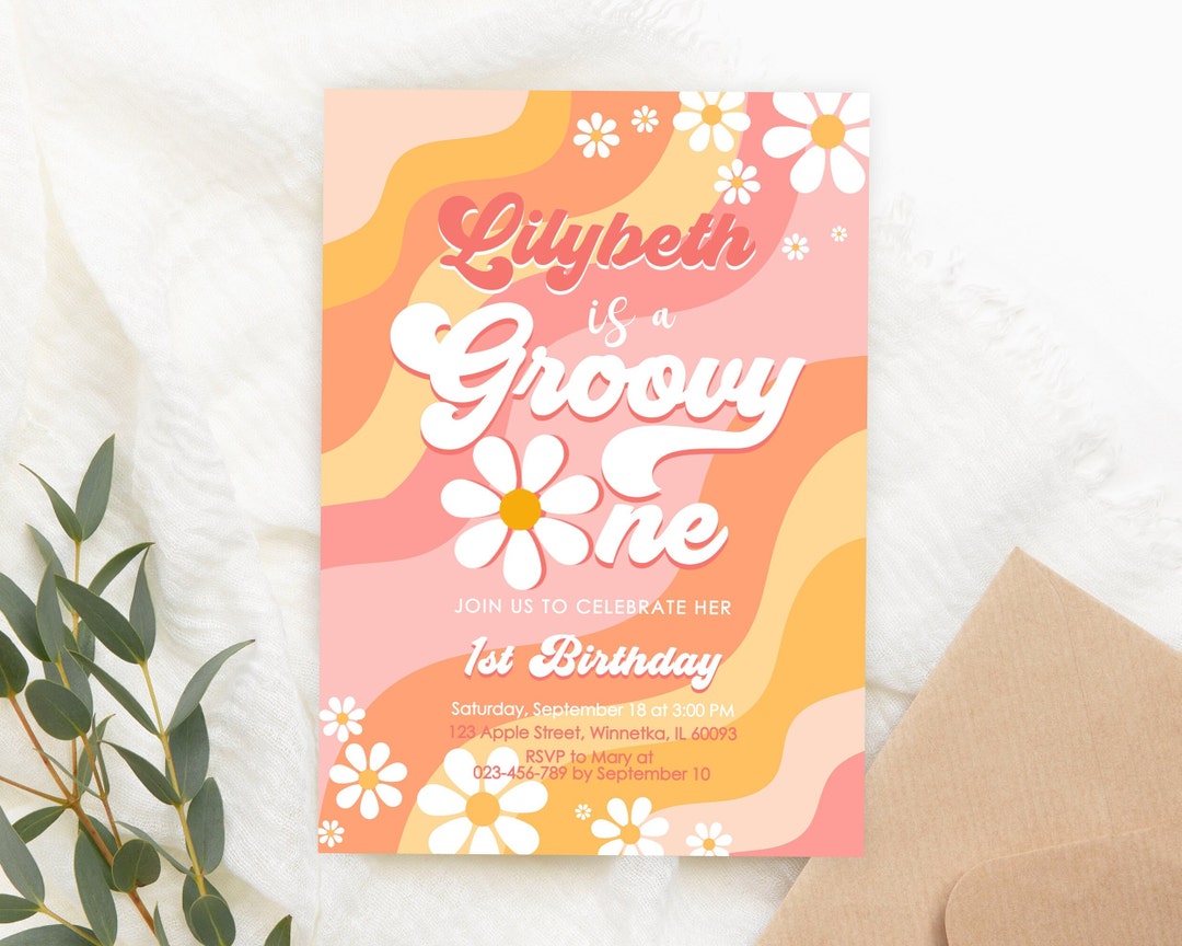Editable 1st Birthday Party Invitation Groovy One Daisy Boho Orange ...