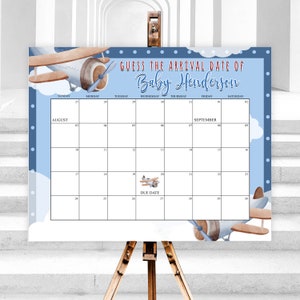Bearbeitbares Flugzeug Fälligkeitsdatum Kalender Spiel Blaue Wolken Baby Shower Guess Baby Geburtsdatum Ankunft Vorhersage Corjl Vorlage zum Ausdrucken herunterladen