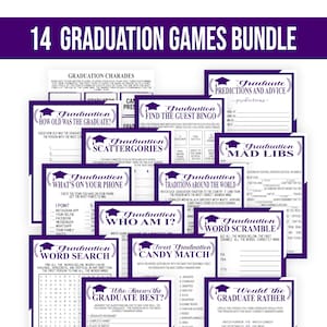 Puede incluir: Un conjunto de 14 juegos de fiesta de graduación imprimibles en un esquema de color morado y blanco. Los juegos incluyen "¿Qué edad tenía el graduado?", "Encuentra el bingo de los invitados", "Scattergories", "¿Qué hay en tu teléfono?", "Mad Libs", "Tradiciones de todo el mundo", "¿Quién soy yo?", "Búsqueda de palabras", "Desordenar palabras", "Coincidencia de dulces", "¿Quién conoce mejor al graduado?" y "¿Preferirías".