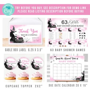 Puede incluir: Un conjunto de decoraciones imprimibles para una fiesta de baby shower de Halloween con una bruja con un caldero y un dise&ntilde;o de telara&ntilde;a. El conjunto incluye una tarjeta de agradecimiento, adornos para cupcakes, un calendario de fecha de parto y 63 juegos de baby shower editables. Los colores son rosa, negro y blanco.