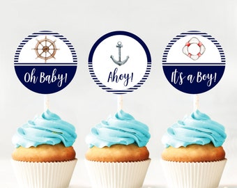 Décorations nautiques pour cupcakes pour baby shower : Ahoy, c'est un garçon (téléchargement numérique)