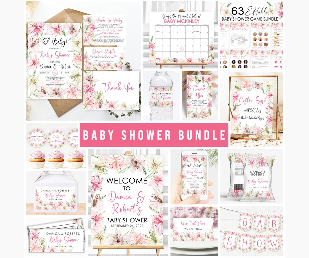 Editable Lily Baby Shower Invitation Bundle Template Girl Pink White ...