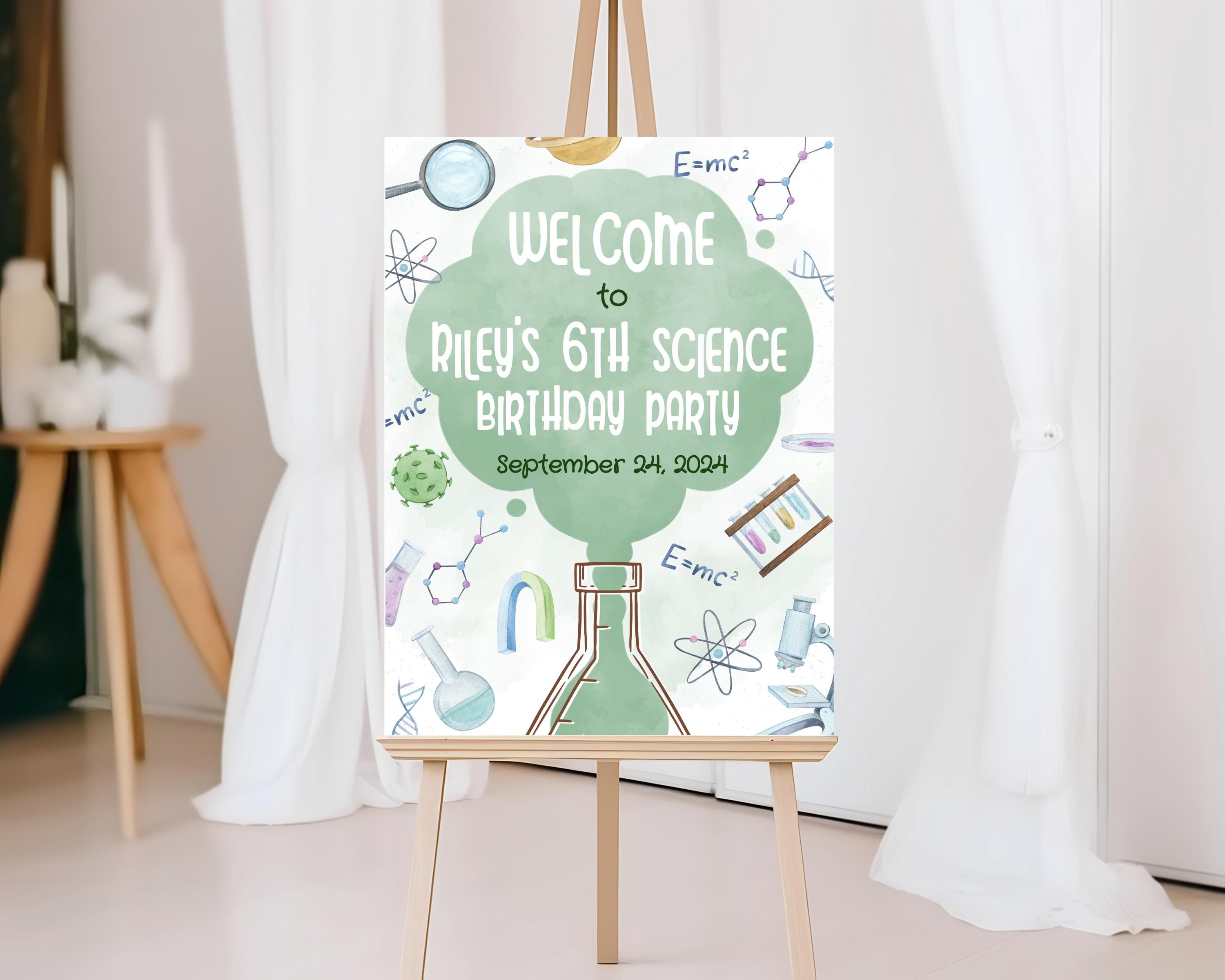 Science Greetings Editable Science Welcome Sign, Green Science Birthday Party Welcome ...
