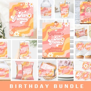 Groovy Invitation Bundle Pack Daisy Flower Power 70's Retro Birthday Party Package Orange invite set Editable Corjl Template Download