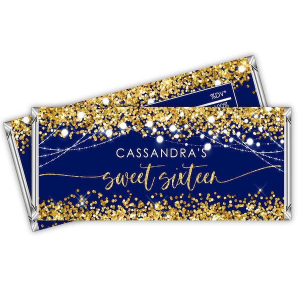 Editable Blue Gold Candy Bar Wrapper Label 16th birthday Gold Favor Birthday Party Chocolate Bar Wrapper Digital PRINTABLE Corjl