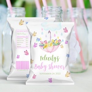 Bearbeitbare April Shower Chip Bag Label DIY Rosa Mai Blumen Chip Bag Favor Label Frühling Baby Shower Geburtstagsfeier Corjl Vorlage zum Ausdrucken