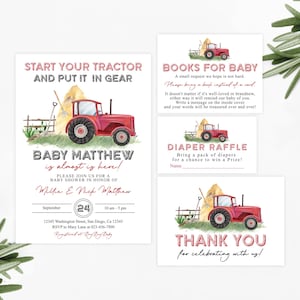 Red Tractor Baby Shower Invitation Set: Farm Theme (Editable Corjl Template)