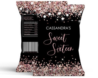 Editable Rose Gold Chip Bag Label  PRINTABLE Rose Gold Glitter Chip Bag Favor DIY Chip Bag Label Sweet Sixteen Birthday party Corjl Template