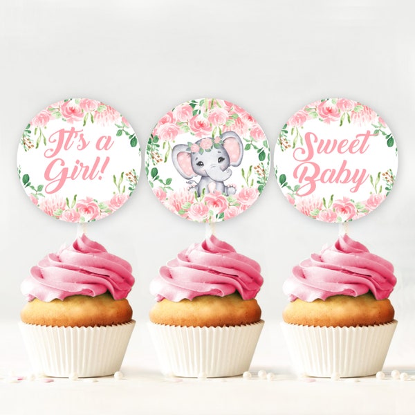 Elephant Cupcake Toppers, Baby Shower Decoration, PRINTABLE,  2.25x2.25, baby shower cup cake topper, cupcake label, pink elephant, tag