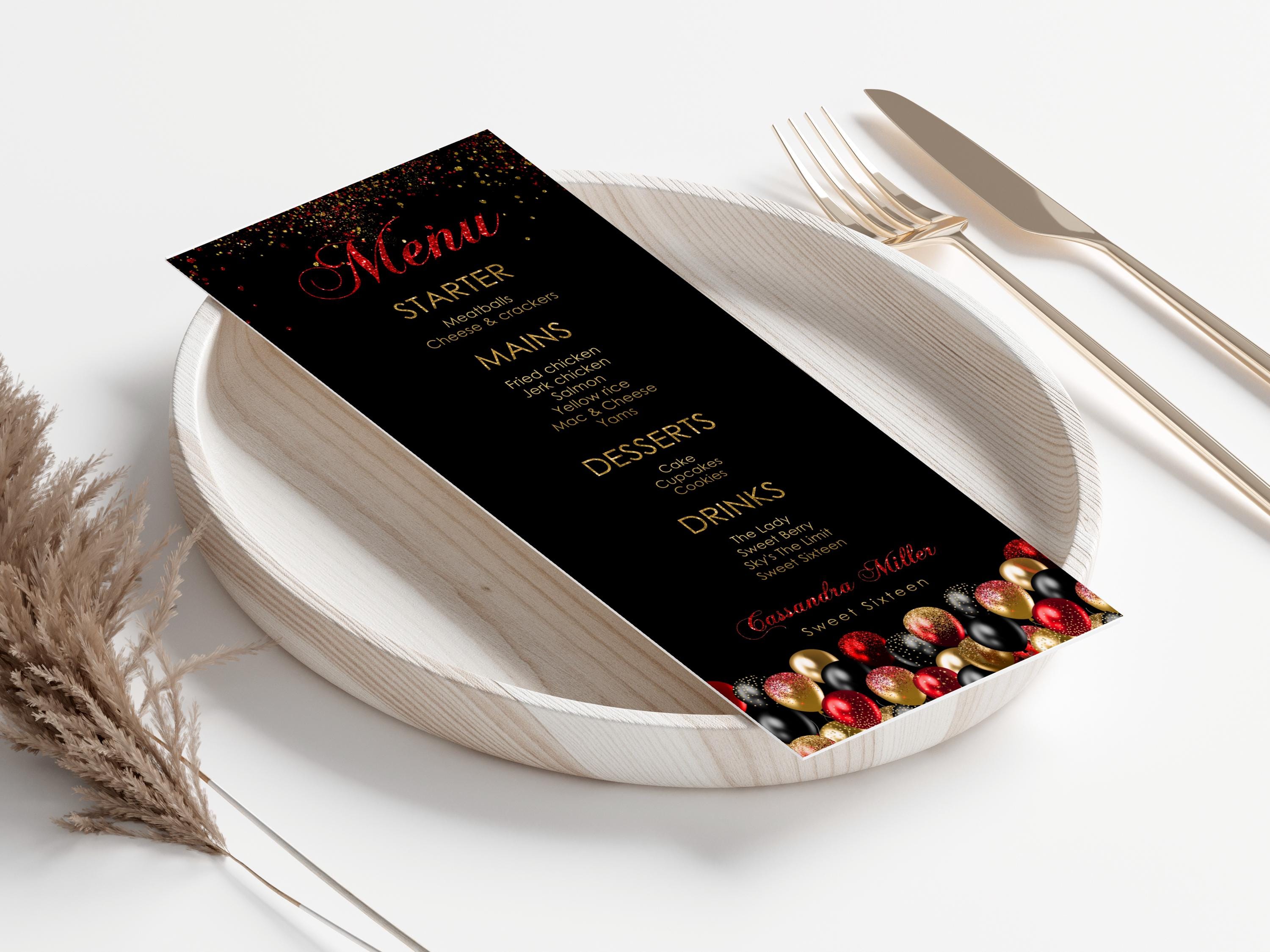 Cardoon Menu Menu Card Red Gold Black Balloon, Editable Birthday Menu Buffet Card ...