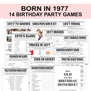 Juegos para el 49.º cumpleaños, paquete de juegos para los nacidos en 1977, trivia de 1977, juegos para el 49.º cumpleaños para hombres y mujeres (descarga digital imprimible)