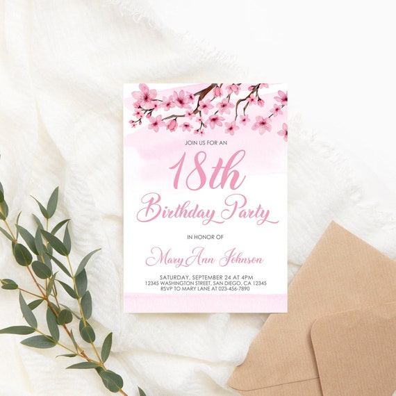 Editable Cherry Blossom Birthday Party Invitation Spring Sakura  