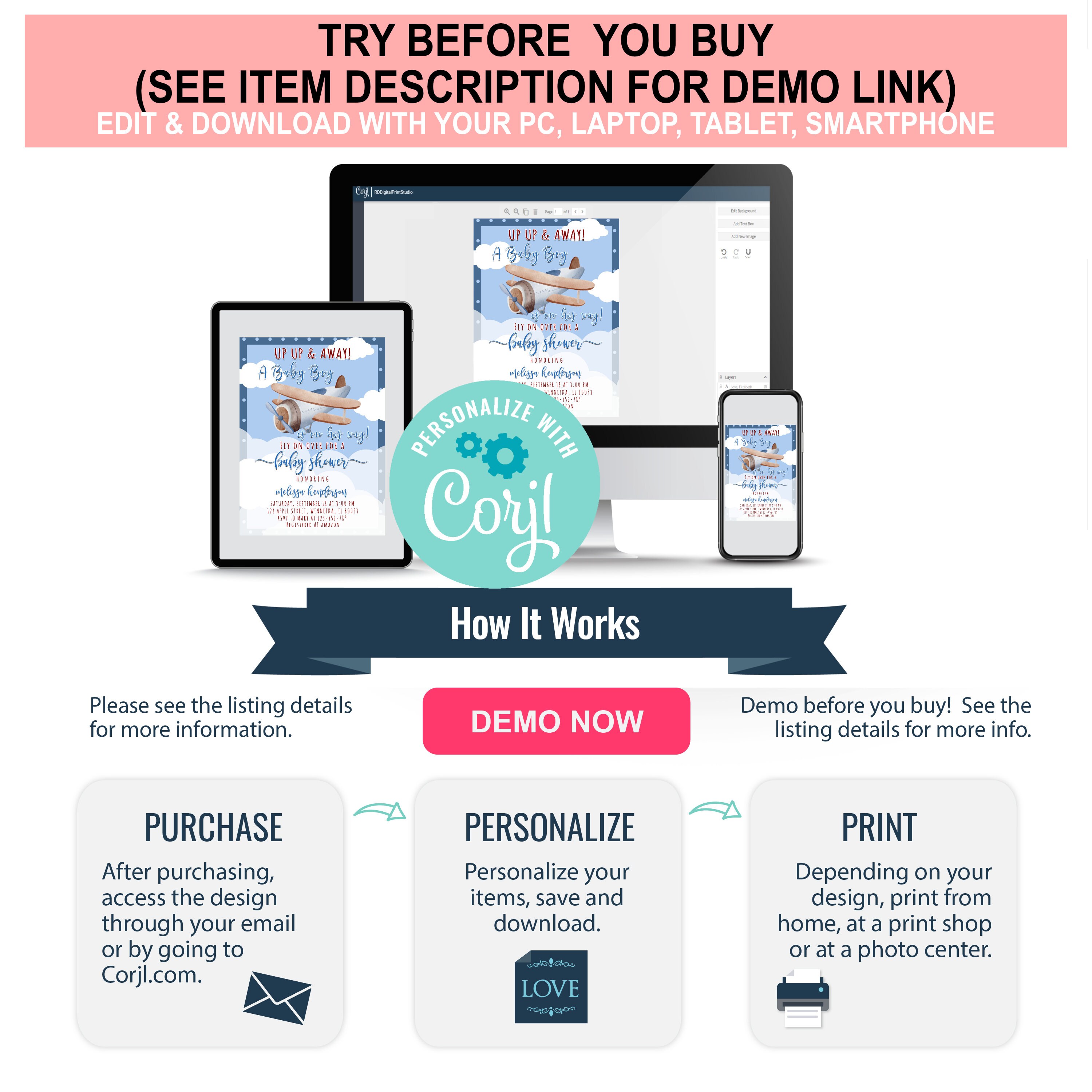 Editable Airplane Baby Shower Invitation Set PRINTABLE Blue - Etsy