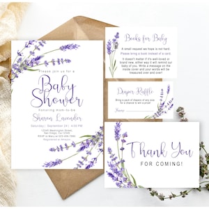 Ensemble modifiable d'invitations pour baby shower lavande florale violette inviter pack de baby shower de fleurs violettes printemps Télécharger le modèle imprimable Corjl
