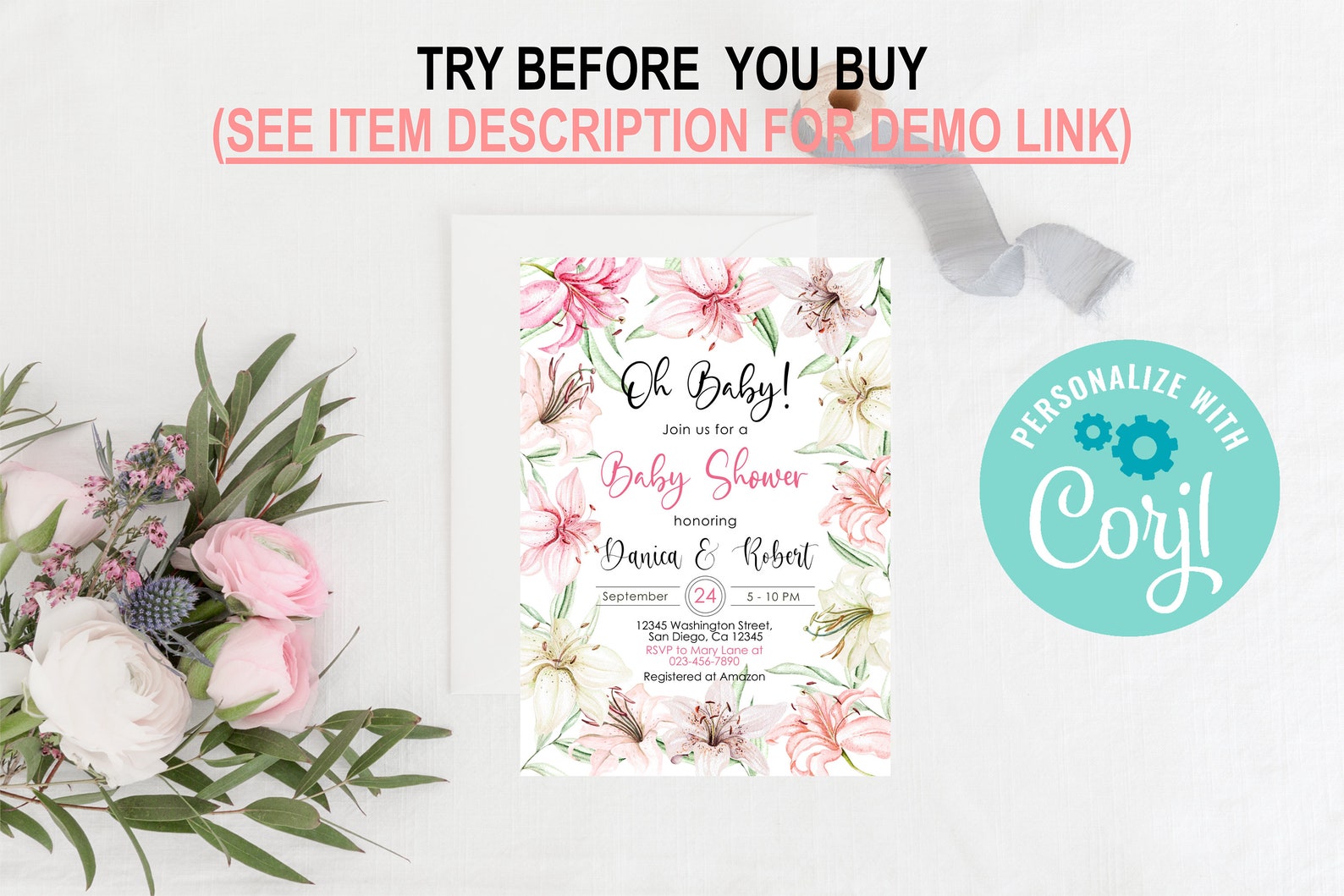 Editable Lily Baby Shower Invitation White Pink Lily Baby - Etsy