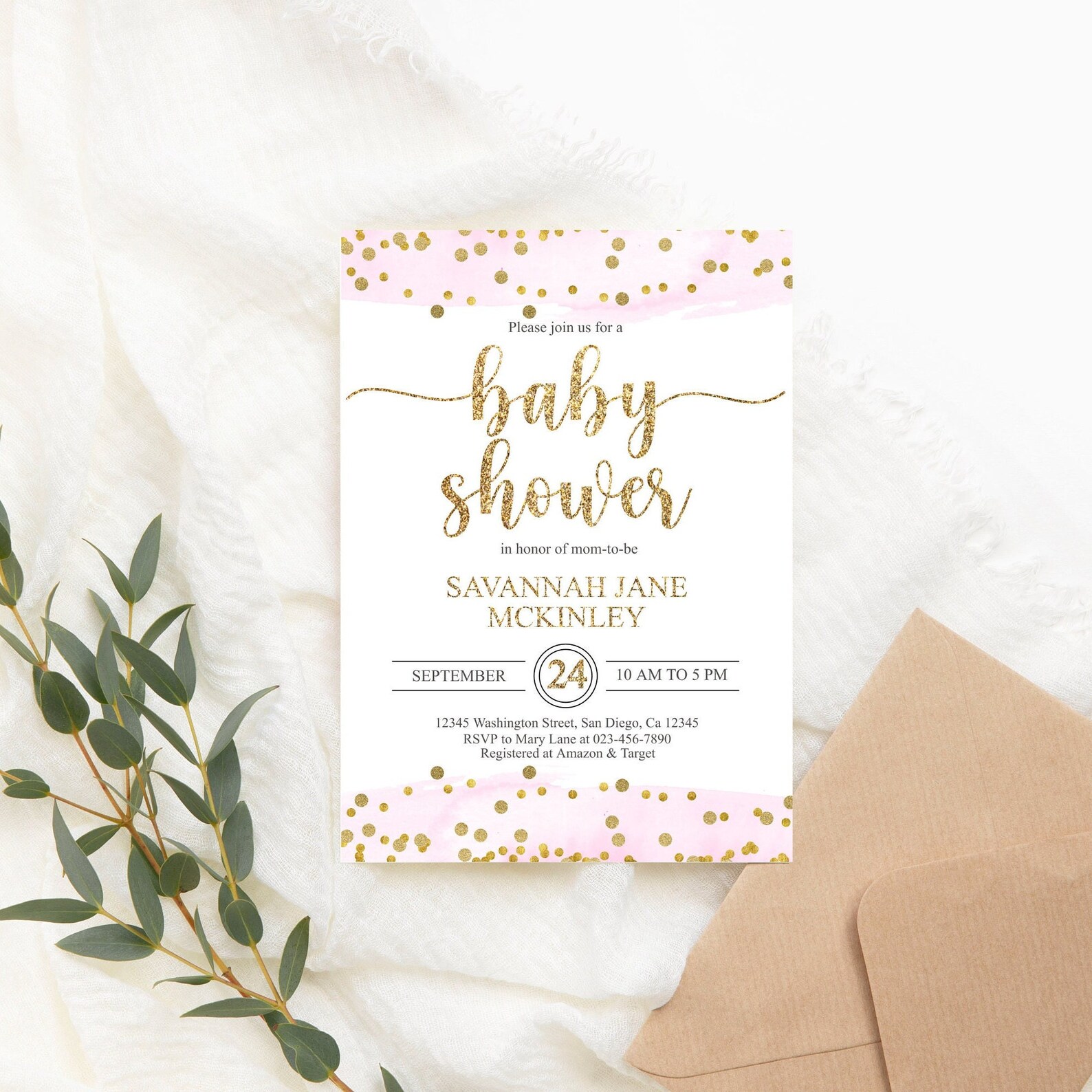 Editable Pink Baby Shower Invitation Pink Gold Dots Baby | Etsy