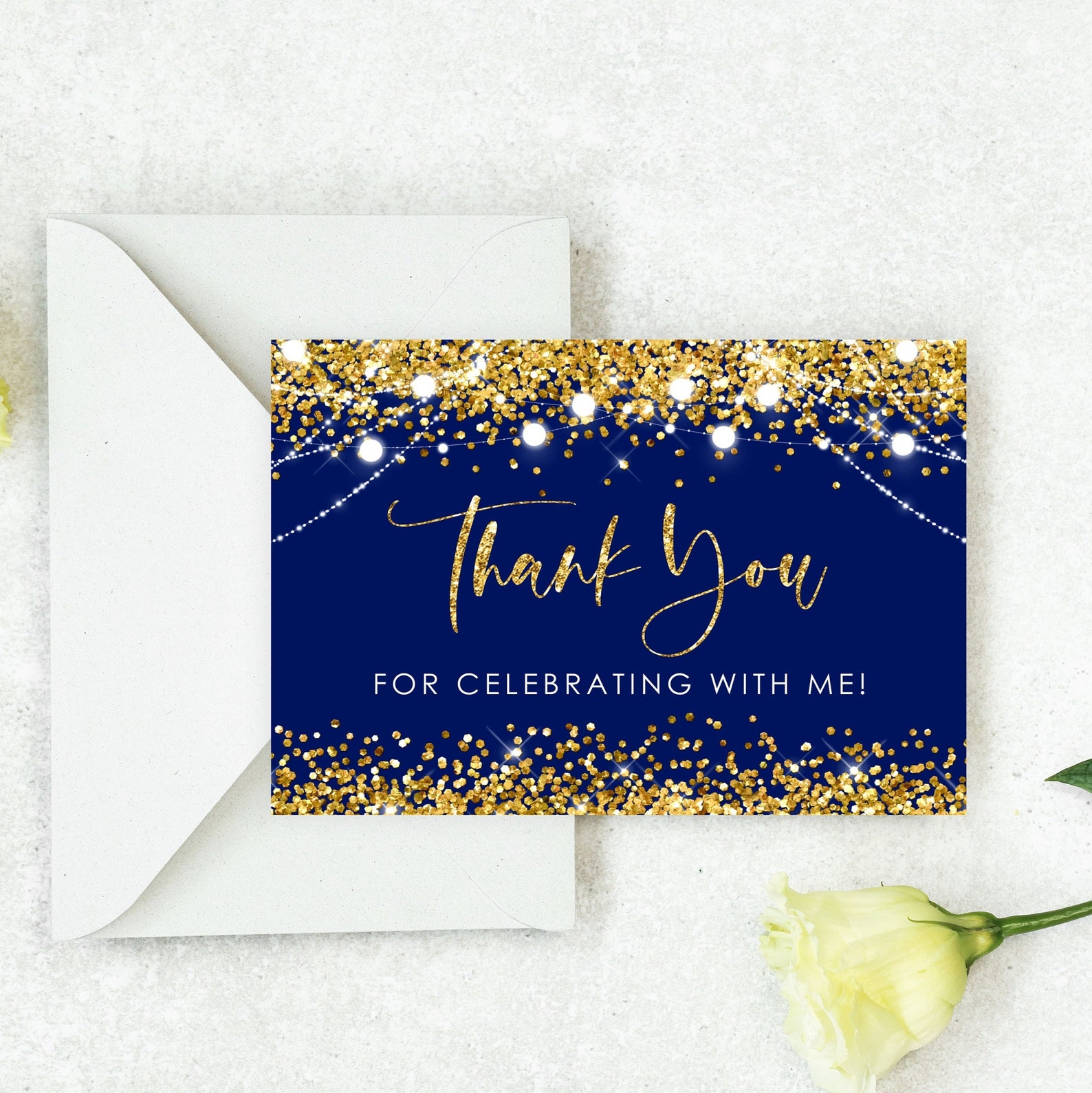 Editable Blue Gold Thank You Card PRINTABLE Gold Glitter Birthday Thank ...