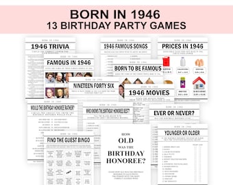 May include: A set of 13 printable birthday party games for a 1946-themed party. The games include trivia, famous people, prices, songs, movies, and more.