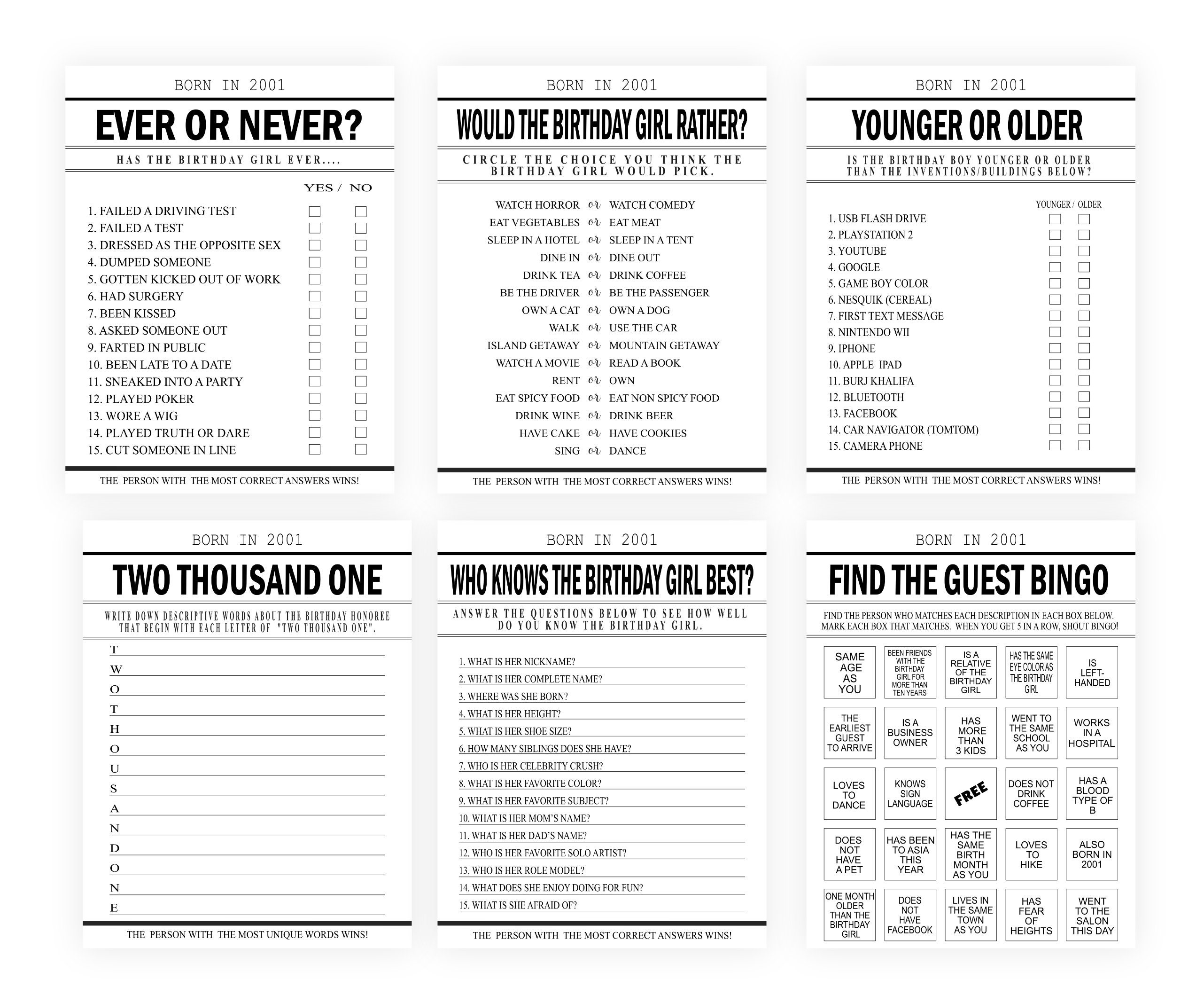 25th Birthday Party Games, Born in 2001 Birthday Game Bundle, 2001 ...