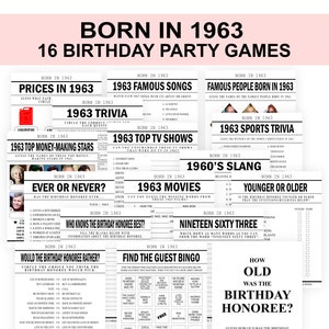 62nd Birthday Games Born in 1963 Birthday Game Bundle 1963 Trivia fun 62nd birthday party game for Men Women Printable Digital -- US Version