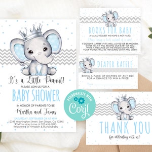 Editable Elephant Baby Shower Invitation Set Printable Crown Boy Blue Little Peanut Invite Insert Bundle Corjl Template Digital Download