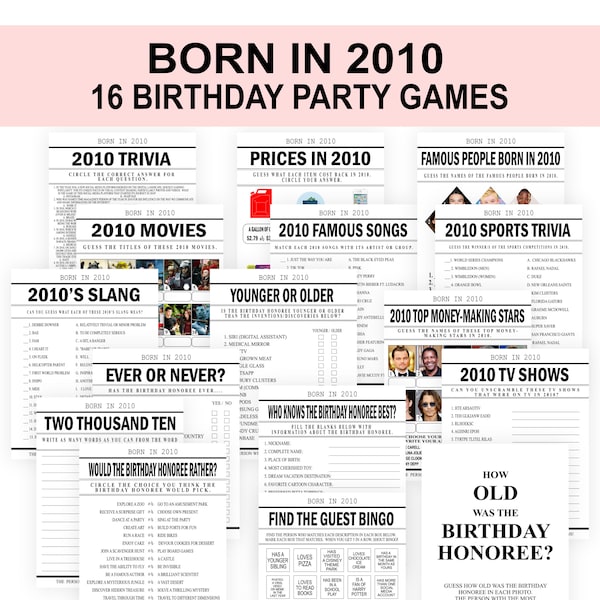 14th Birthday Party Games Born in 2010 games bundle  Birthday Bash Fun Activity Pack 2010 trivia for teens PRINTABLE Digital Download