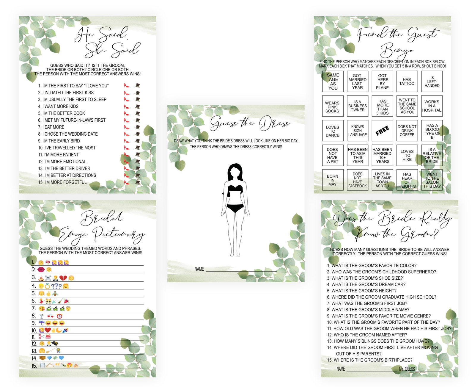 Eucalyptus Bridal Shower Game Bundle Pack Botanical Bridal Etsy