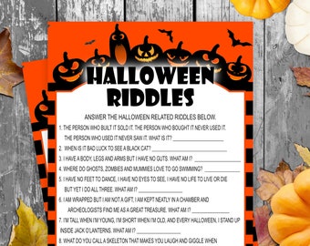May include: A printable Halloween-themed game with eight riddles about Halloween. The game features black and orange stripes, black jack-o'-lantern silhouettes, and bats. The text on the game reads "Halloween Riddles". Answer the Halloween related riddles below.