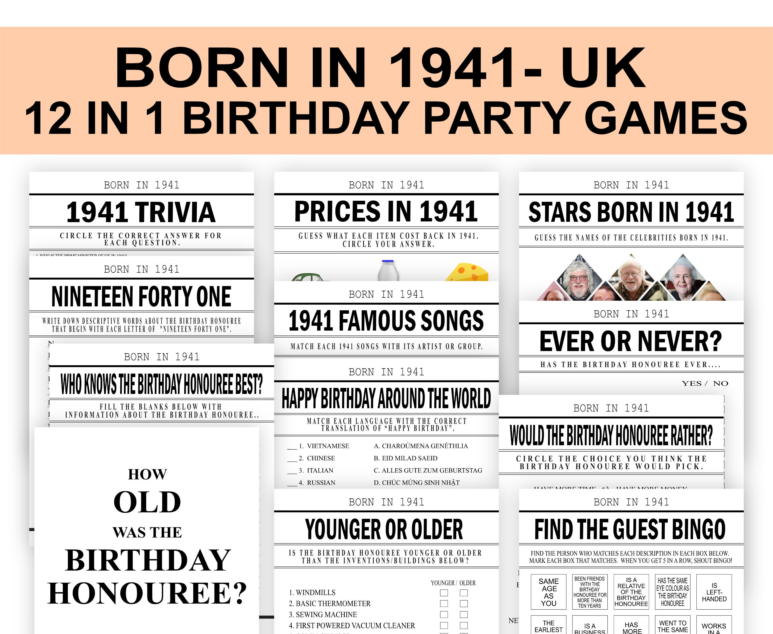 82nd Birthday Party Games Born in 1941 Birthday Game Bundle UK - Etsy Norway