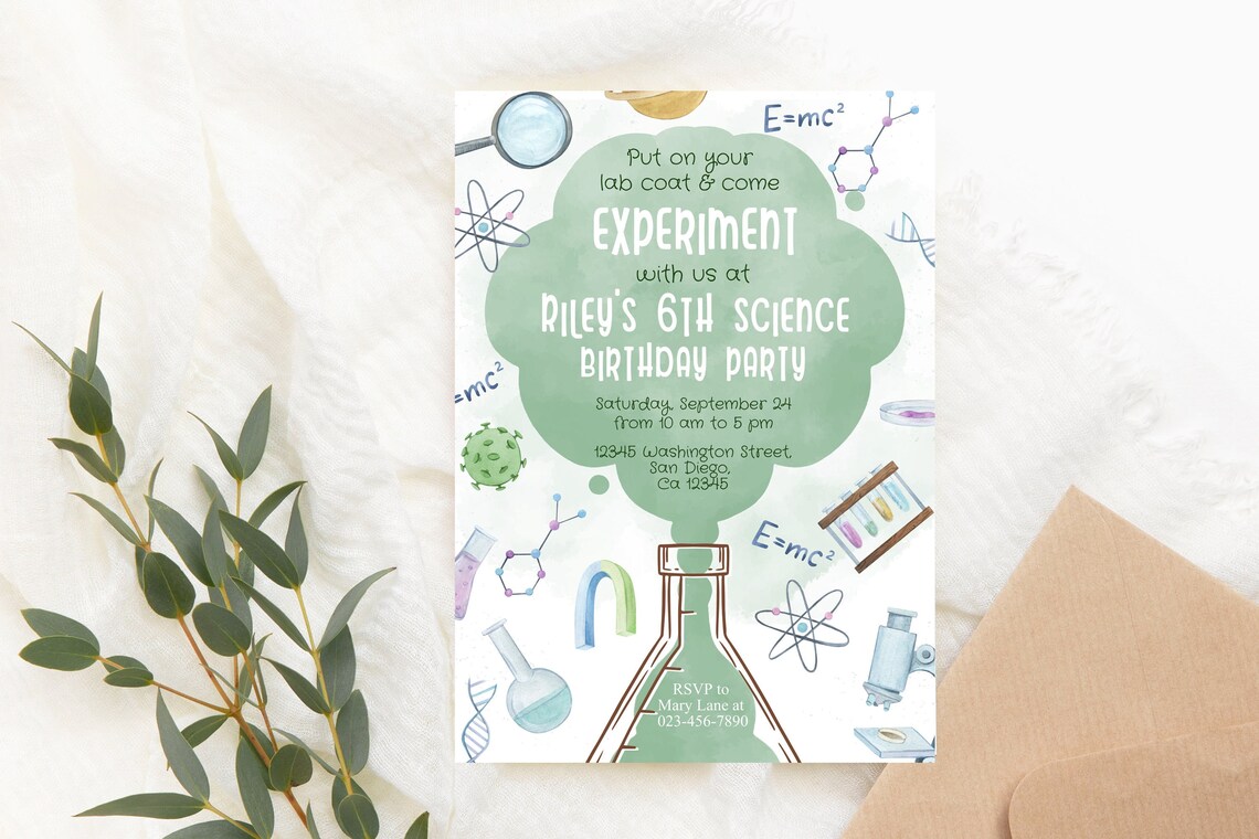 Editable Science Birthday Invitation Green Birthday Party Chemistry ...
