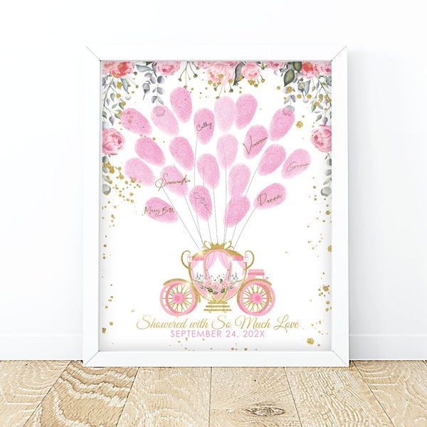 Editable Princess Guestbook alternative fingerprint Thumbprint guestbook Baby shower Pink Floral Princess Carriage theme Birthday PRINTABLE