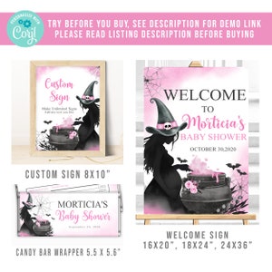 Puede incluir: Un cartel de bienvenida rosa y negro para un baby shower con una silueta de una bruja embarazada sosteniendo una caldera. El cartel dice "Bienvenido a la fiesta de Morticia" y la fecha "30 de octubre de 2020".
