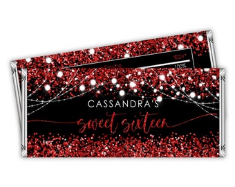 Editable Red Black Candy Bar Wrapper Label Sweet Sixteen Red Glitter Favor Birthday Party Chocolate Bar Wrapper PRINTABLE Corjl Template