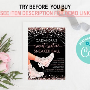 May include: A black and pink invitation for a sweet sixteen sneaker ball. The invitation features a pair of pink sneakers with glitter and a rose gold design. The text on the invitation reads "Join us for Cassandra's Sweet Sixteen Sneaker Ball".